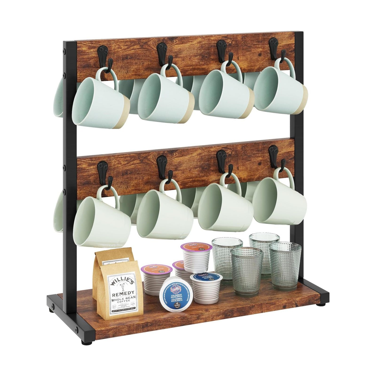 IBUYKE Coffee Mug Holder for Countertop,16 Hook Mug Tree,Brown TBJ001H | Coffee Cup Holder Mug Display Organizer Mug
