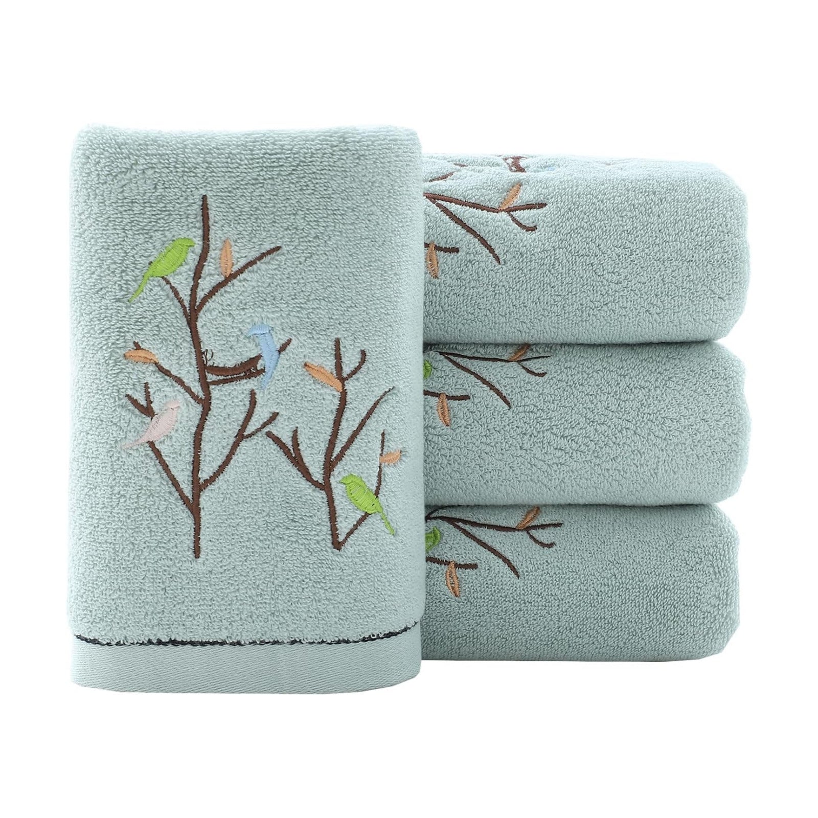 Hand Towels Set of 4 Embroidered Bird Tree Pattern 100% Cotton Absorbent Soft Decorative Towel for Bathroom (Aqua Green)