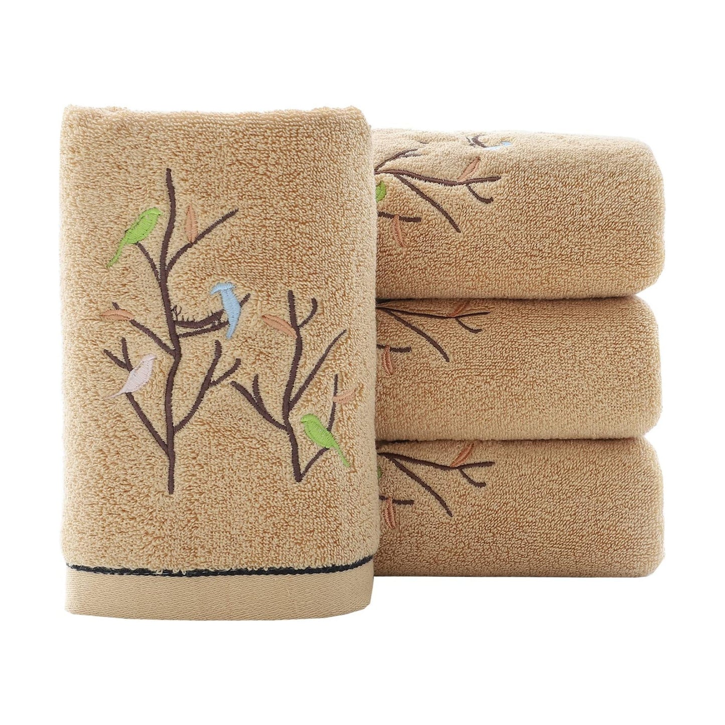 Hand Towels Set of 4 Embroidered Bird Tree Pattern 100% Cotton Absorbent Soft Decorative Towel for Bathroom (Brown)