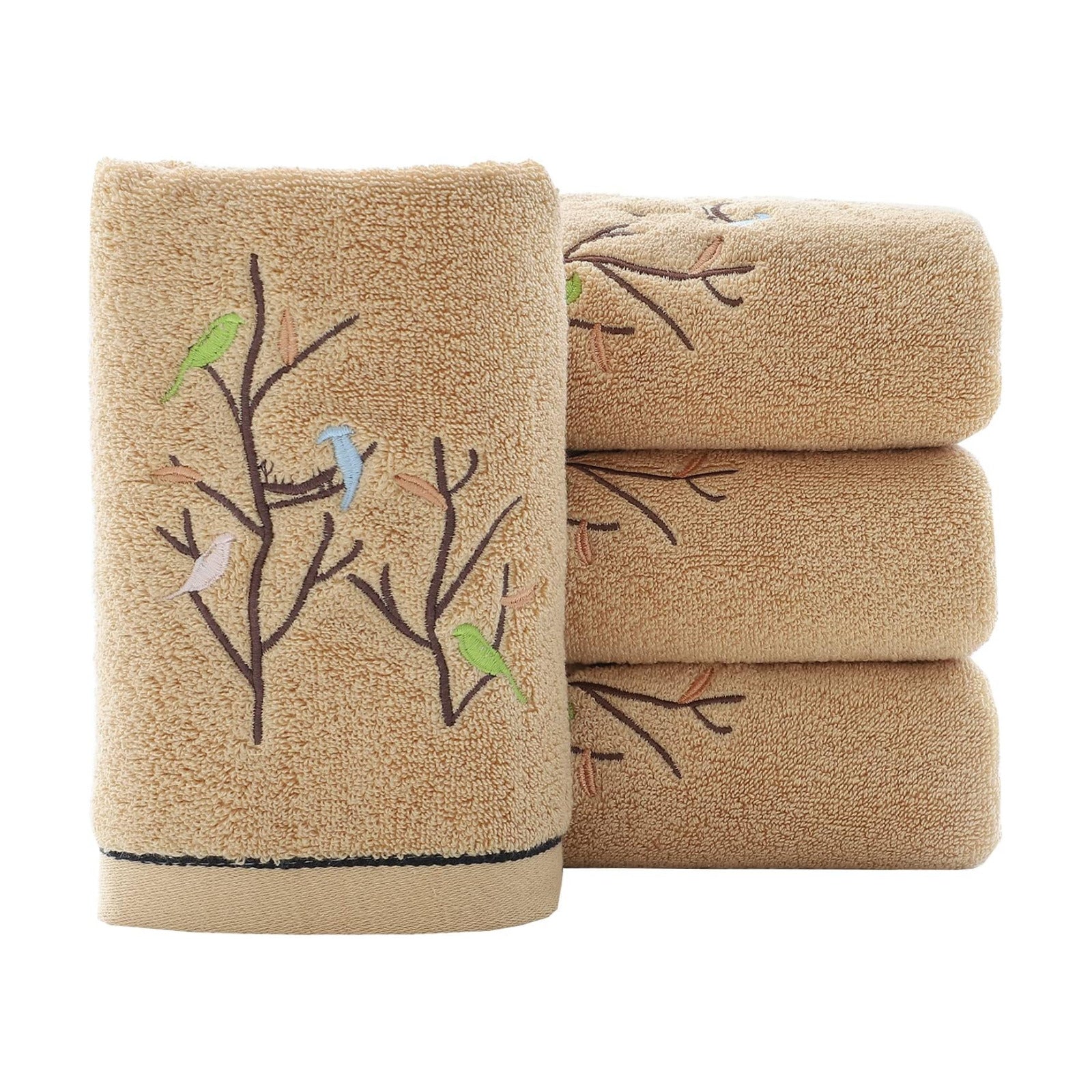 Hand Towels Set of 4 Embroidered Bird Tree Pattern 100% Cotton Absorbent Soft Decorative Towel for Bathroom (Brown)