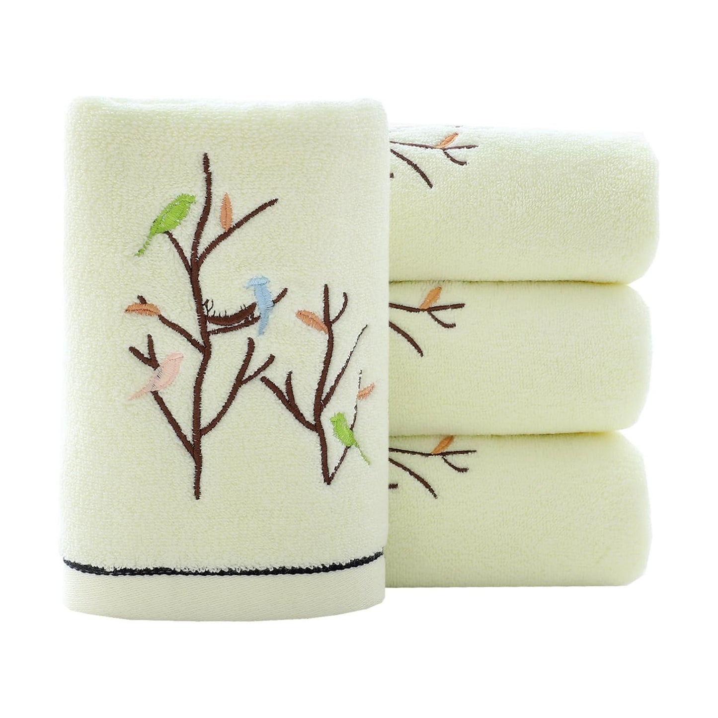 Hand Towels Set of 4 Embroidered Bird Tree Pattern 100% Cotton Absorbent Soft Decorative Towel for Bathroom (Light