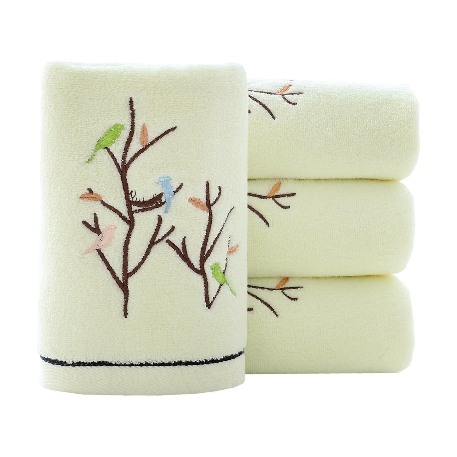 Hand Towels Set of 4 Embroidered Bird Tree Pattern 100% Cotton Absorbent Soft Decorative Towel for Bathroom (Light