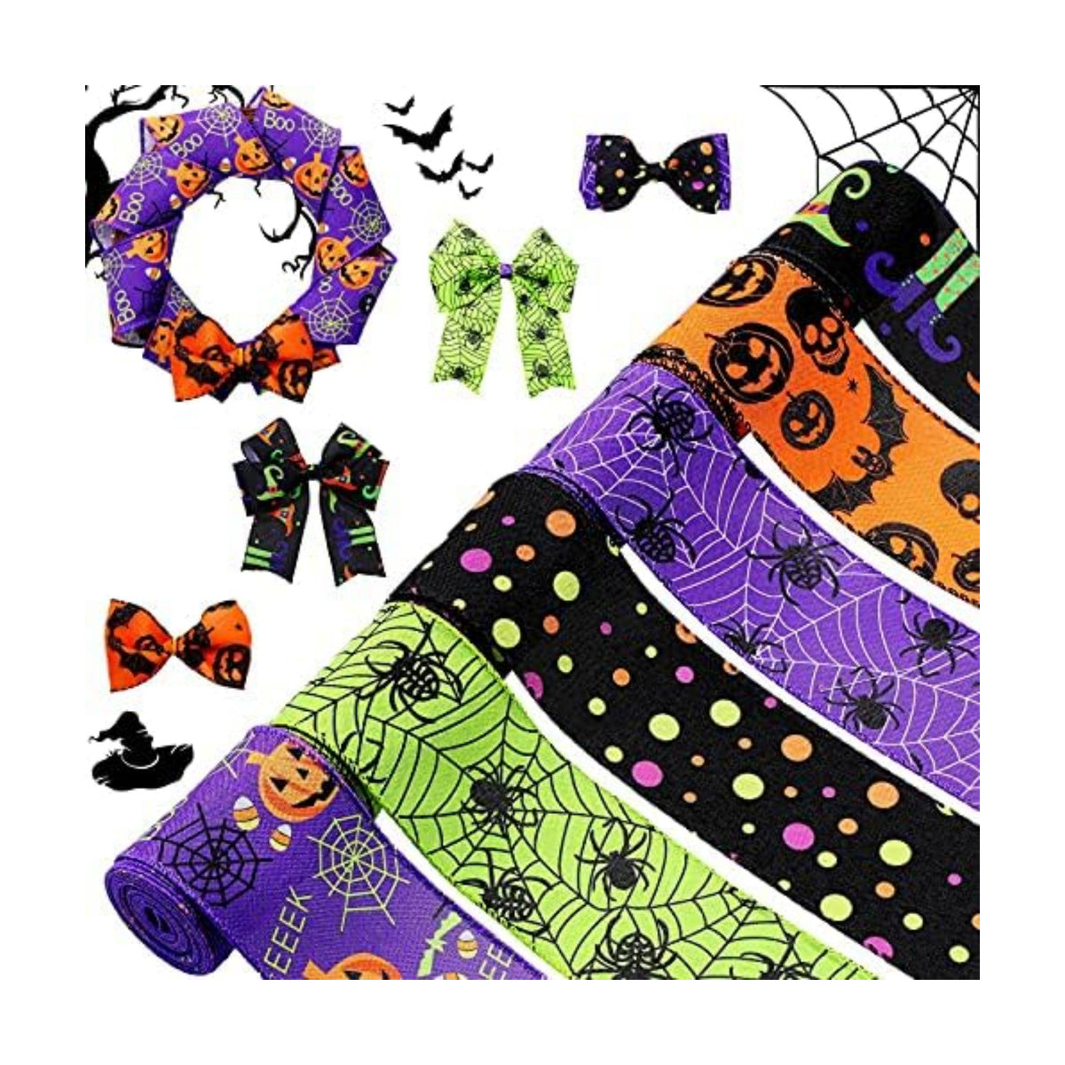 Chuangdi 6 Rolls 30 Yards Halloween Wired Ribbon, 2.5 Inch Wide