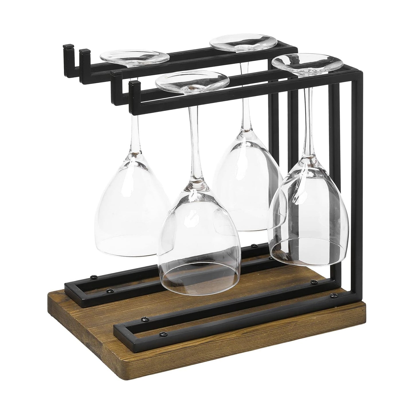 MyGift Countertop Wine Glass Holder with Rustic Wood Base, Industrial Metal | 2 Hanging Bars Store Stemware for