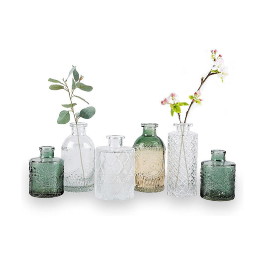 Bud Vase / Small Flower Vases for Decorative / Clear+green / Set of 6