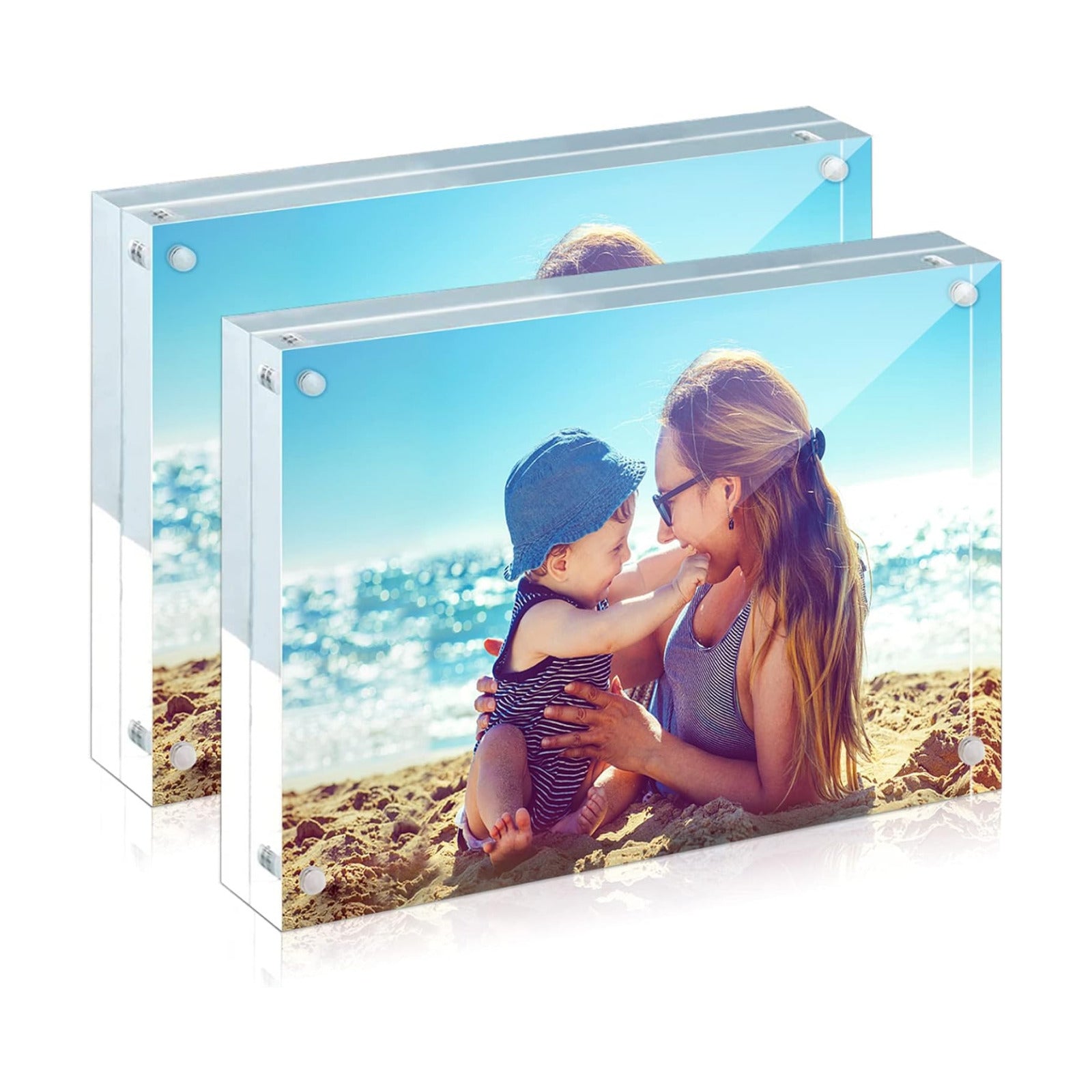 HELPLEX Acrylic Frames, 2 Pack 5x7, 24mm Thicker Frameless Clear Picture Frame, Double Sided Magnetic, Free Standing