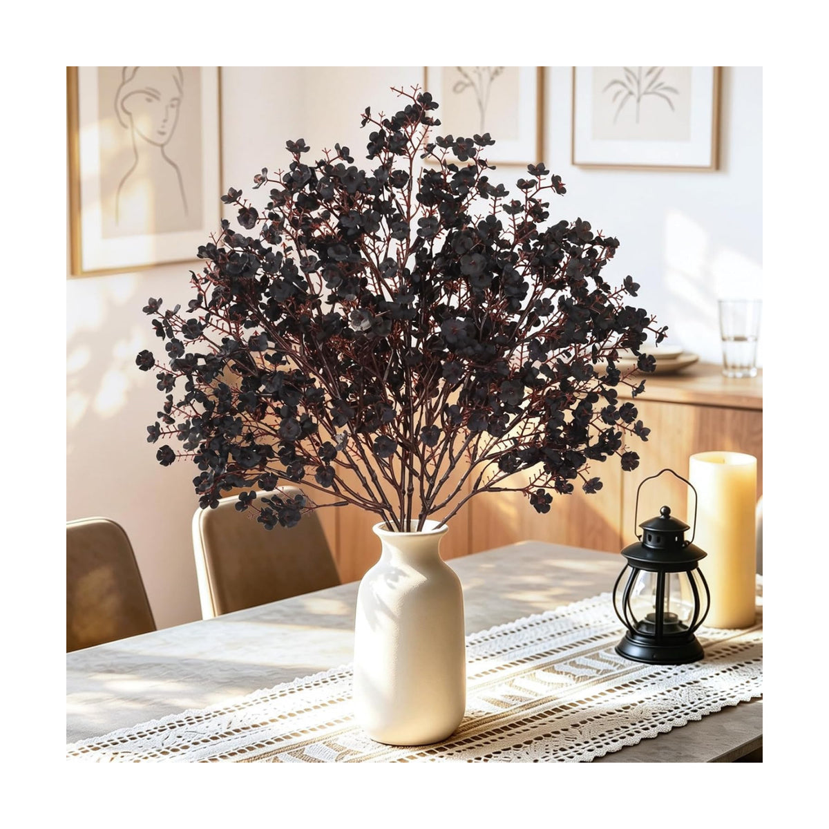 Uieke 6 Bundles Babys Breath Fabric Cloth Artificial Flowers European Fake Silk Flowers Real Touch Faux Artificial Gypsophila Bouquet for Home DIY Wedding Party Halloween Xmas Décor (Black)