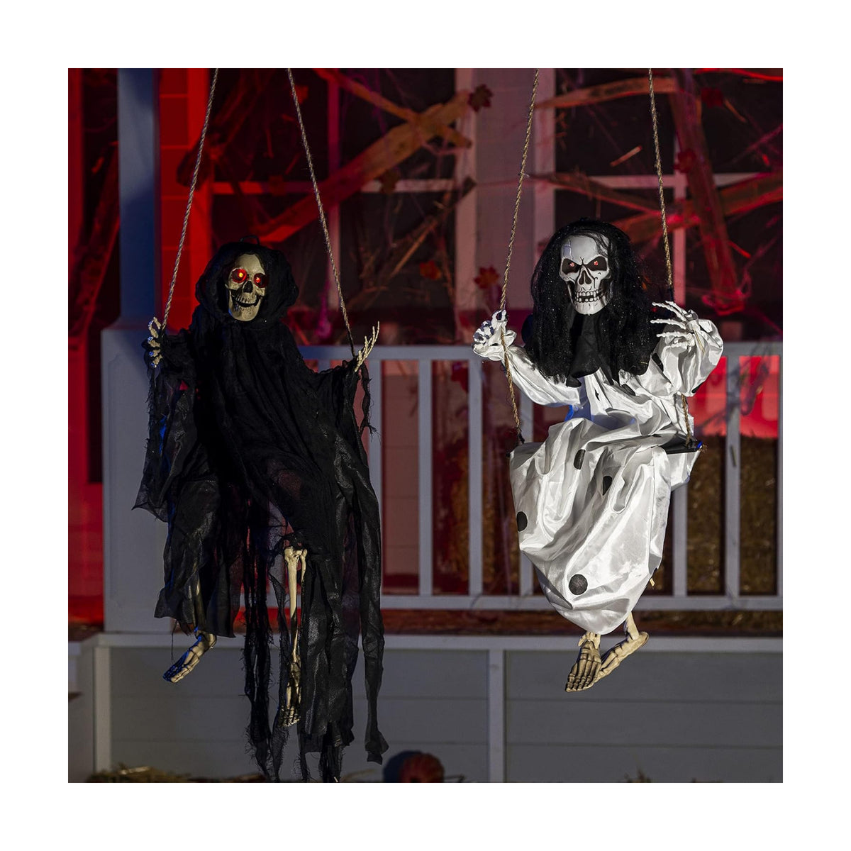 JOYIN 2 Pcs Halloween Hanging Swinging Ghosts Decorations Outdoor, Halloween Scary Decor with Lighted Up Eyes, Creepy Swinging Skeleton Flying Props for Yard Patio Lawn Garden