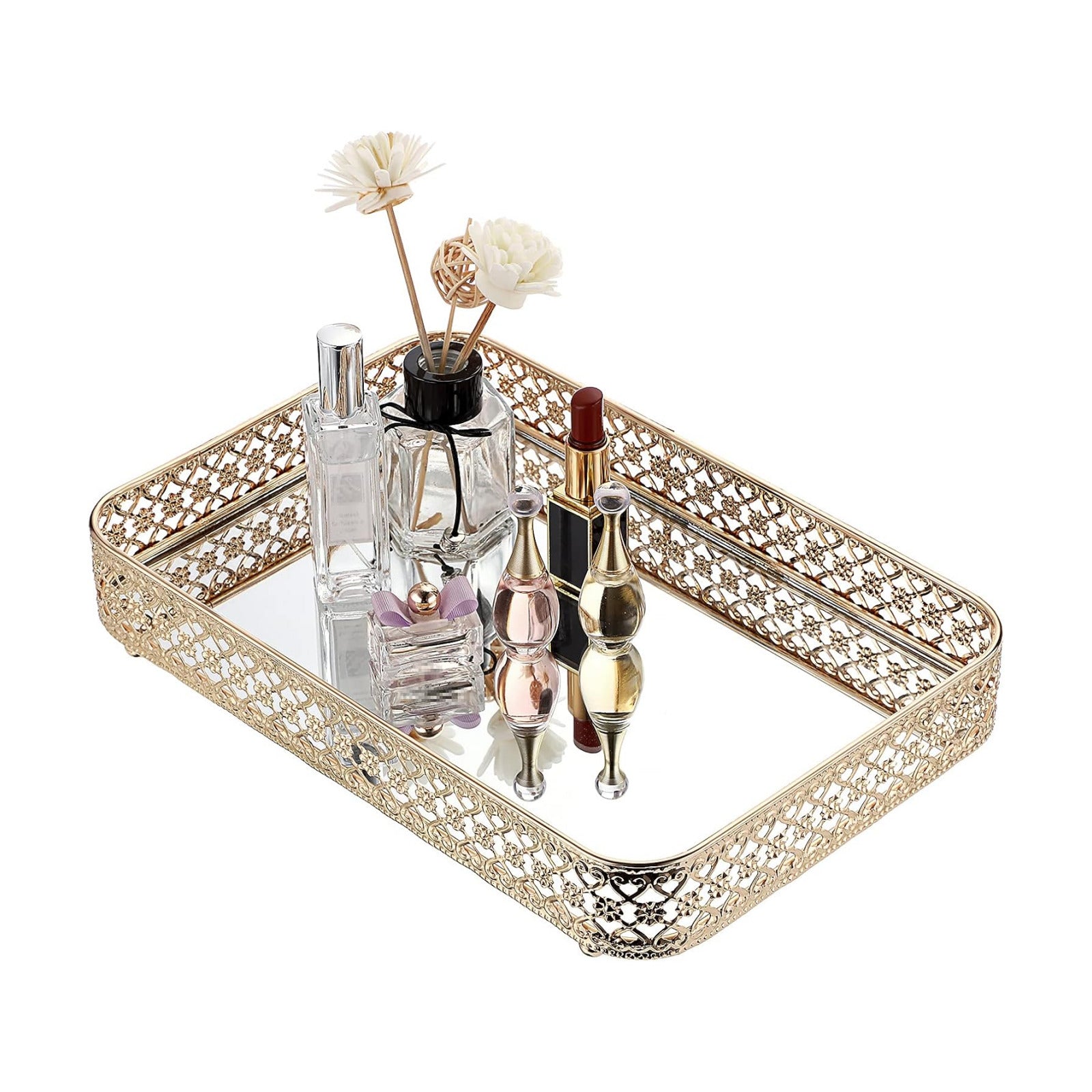 Glass & Metal Trinket Organizer for Dresser & / Gold / 11.8 x 7.9 x 2