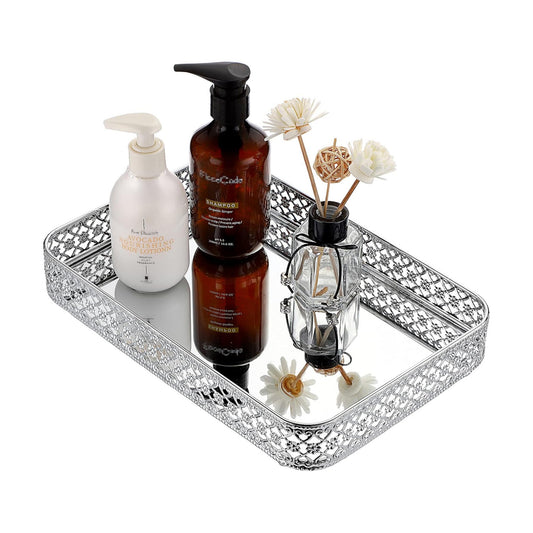 Perfume Mirror Tray Vanity Makeup Hollow-Carved Jewelry Organizer Glass / Silver / 11.8 x 7.9 x 2