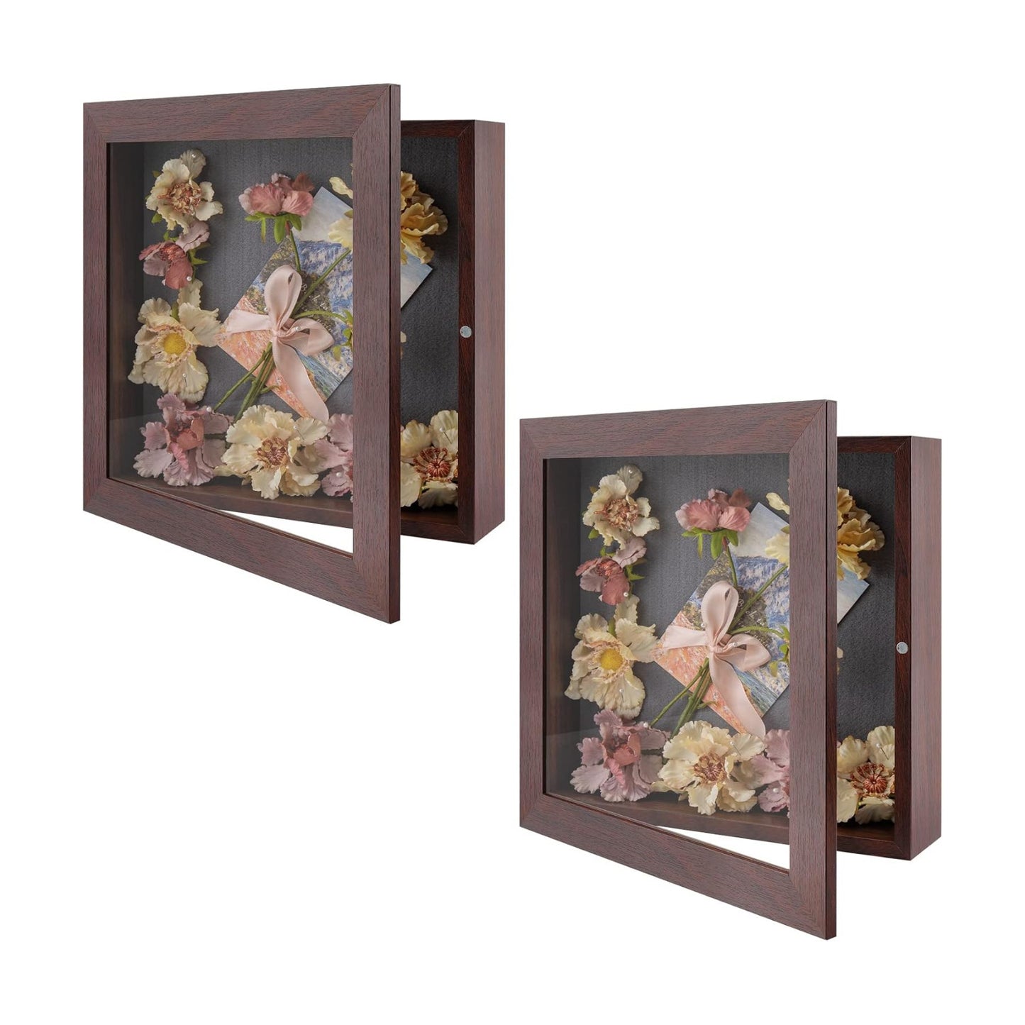Golden State Art 2 Pack 11x11 Brown Shadow Box Frame 2-inch Depth | 6 Pins Included*2, Letter Stickers, 3D Picture