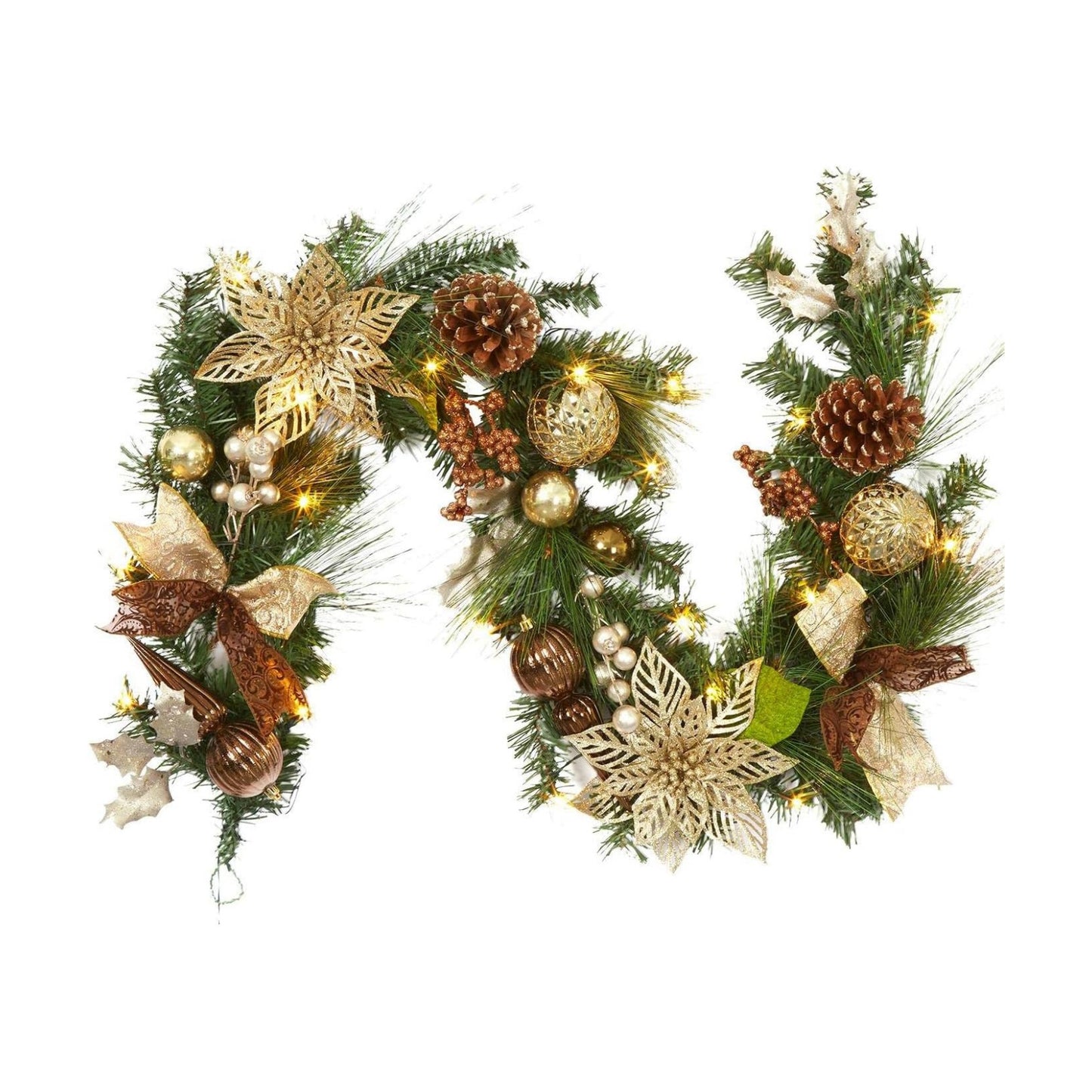 6ft Prelit Christmas Garland with 20 Lights, Xmas Fake Vines with Bows Christmas Balls Flowers Berries Greenery