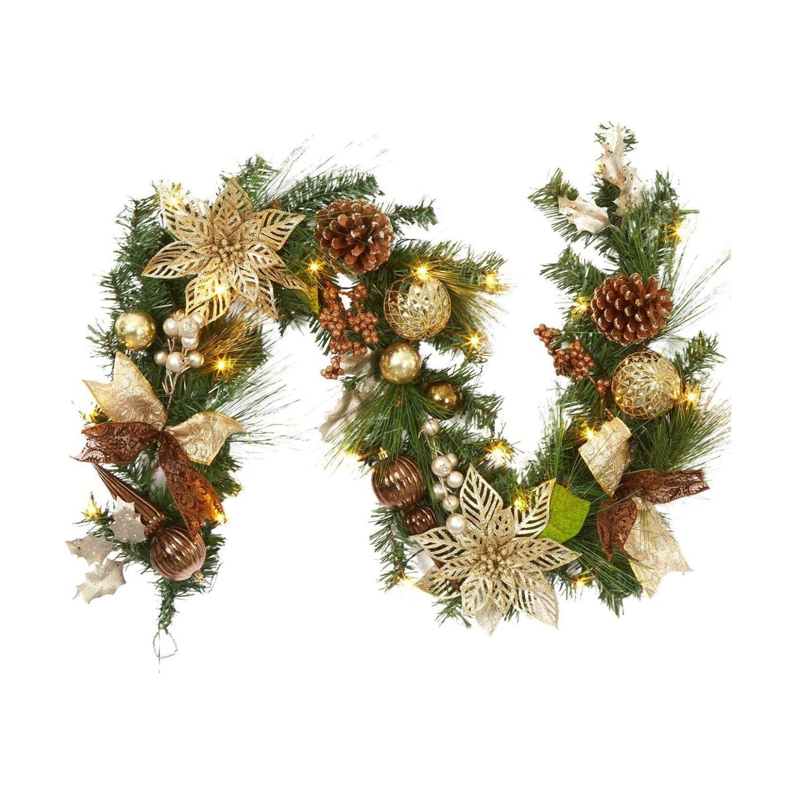 6ft Prelit Christmas Garland with 20 Lights, Xmas Fake Vines with Bows Christmas Balls Flowers Berries Greenery