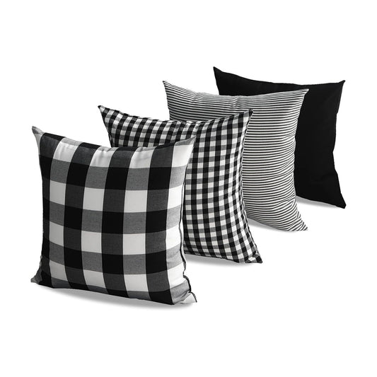 White Buffalo Plaid Outdoor Throw Pillow Covers Buffalo Check Farmhouse / Black / 18 x 18 / Set of 4