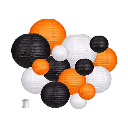 Round Hanging Paper Lanterns Orange and Black Party Decorations 15pcs