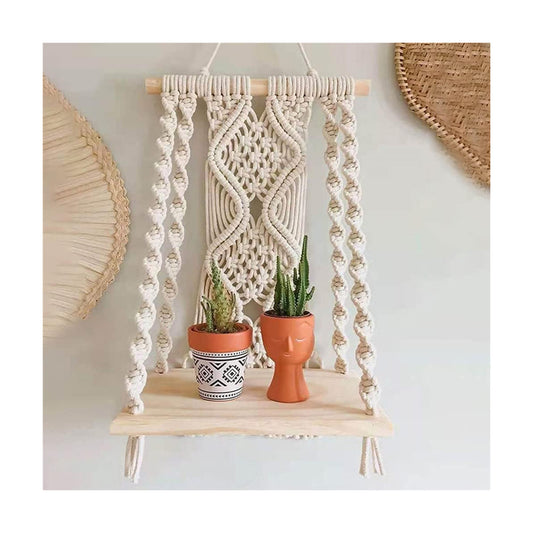 Macrame Wall Hanging Plant Decor Shelf Indoor Outdoor Floating Wood shelve Decorative Hand Made Rope