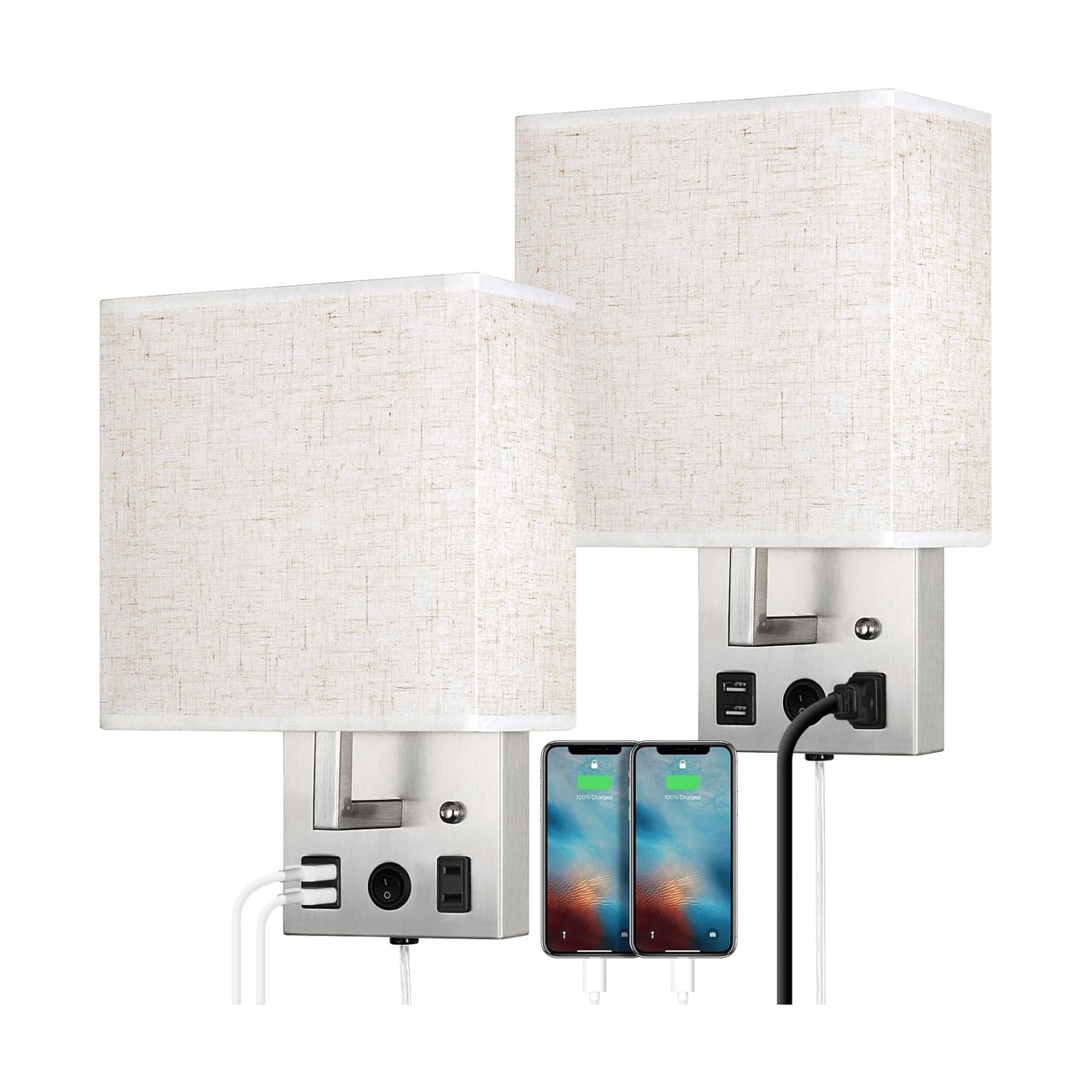 CADUKE Bedside Wall Lamp Set of 2, Plug in Wall Light with USB Charging Ports and AC Outlet Socket, Brushed Nickel