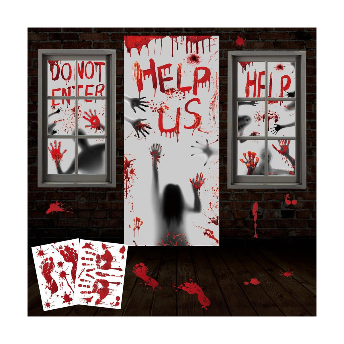 Bloody Halloween Window Cover Halloween Door Poster Decorations, Bloody Handprints Scary Silhouette, Bloody Window Indoor Décor for Party