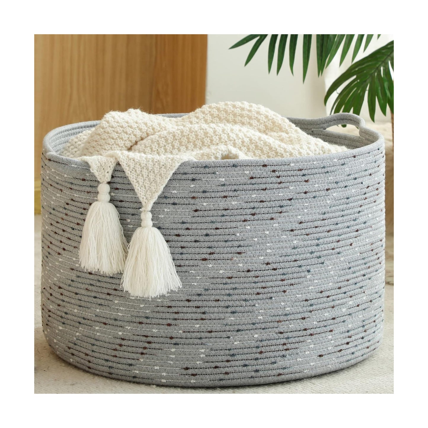 KAKAMAY Large Blanket Basket (20"x13"),Woven Baskets for storage Baby Laundry Hamper, Cotton Rope Blanket Basket for