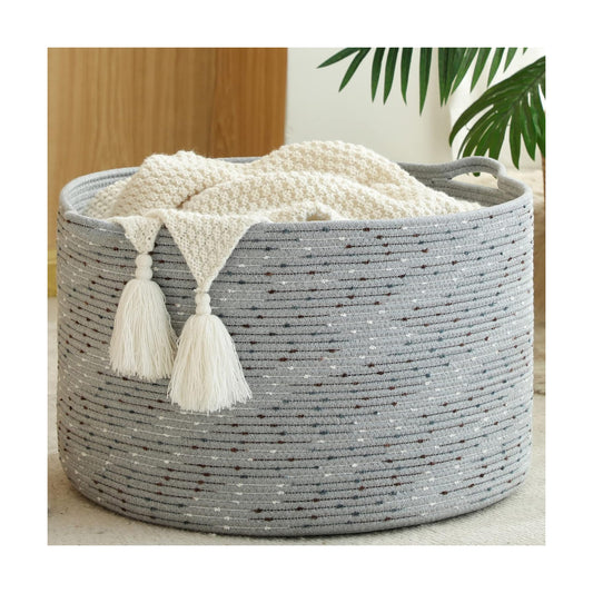 KAKAMAY Large Blanket Basket (20"x13"),Woven Baskets for storage Baby Laundry Hamper, Cotton Rope Blanket Basket for