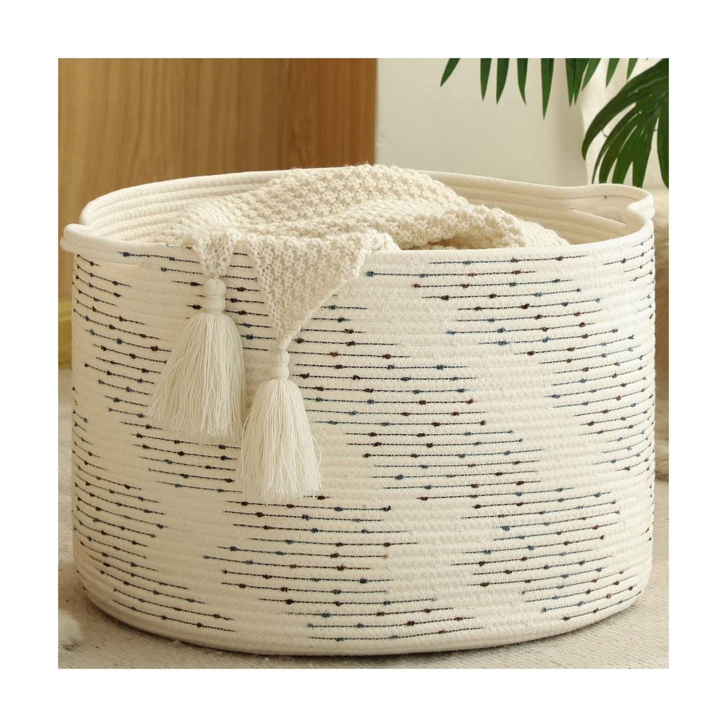 KAKAMAY Large Blanket Basket (20"x13"),Woven Baskets for storage Baby Laundry Hamper，Cotton Rope Blanket Basket for