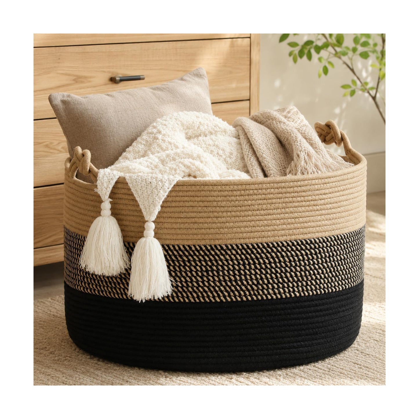 KAKAMAY Large Blanket Basket (20"x13"),Woven Rope Baskets for storage Baby Laundry Hamper, Cotton Rope Blanket Basket