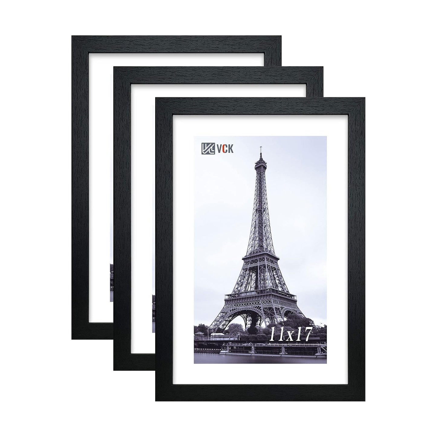 VCK 11x17 Picture Frame Set of 3, Black Wood Frames, Gallery Wall Decor Photo Frames for Wall Mounting Horizontally or