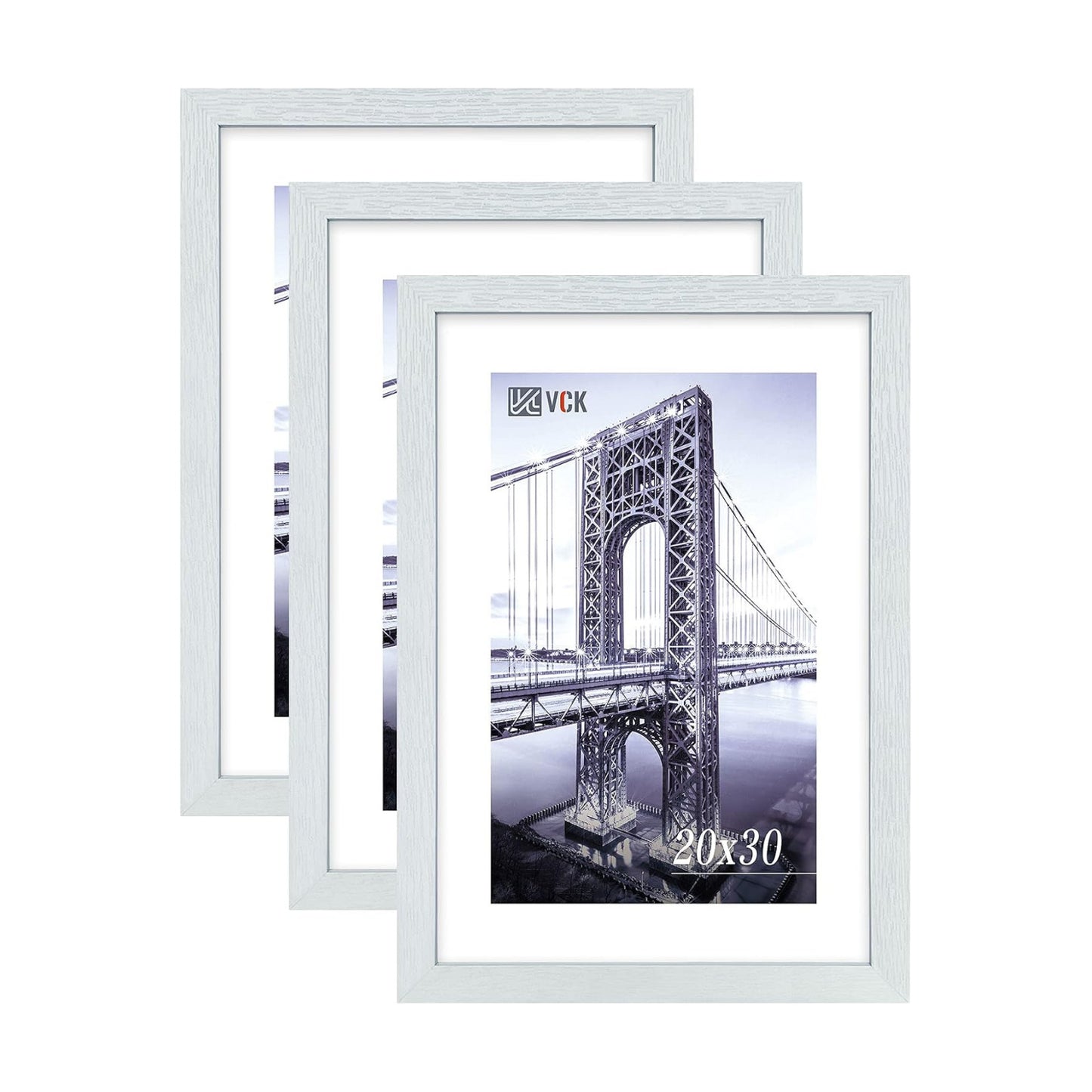 VCK 20x30 White Frame 3 Pack - Textured Wood 30x20 Picture Frames For Wall | 20x30 picture frame, plexiglass, 1.1 inch