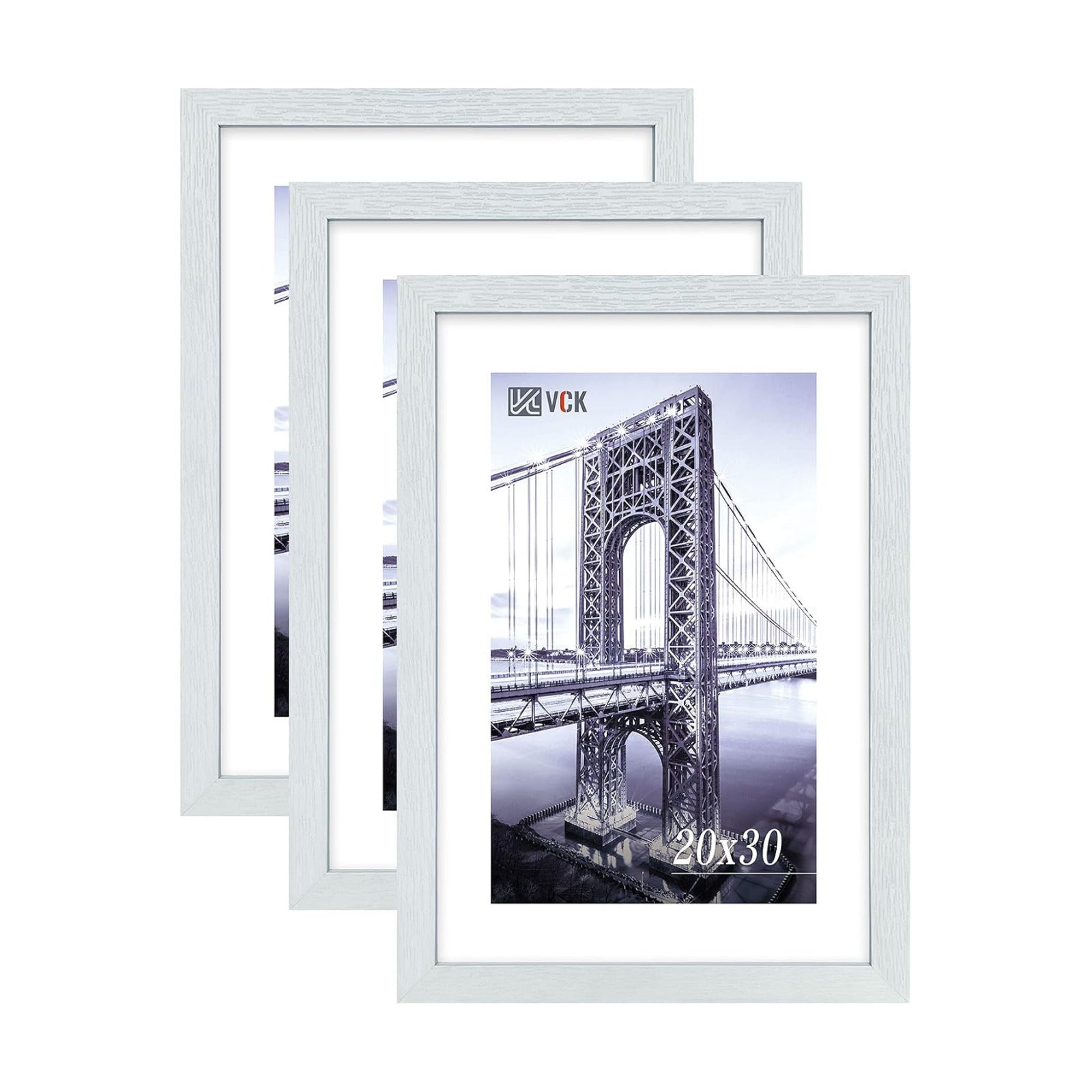 VCK 20x30 White Frame 3 Pack - Textured Wood 30x20 Picture Frames For Wall | 20x30 picture frame, plexiglass, 1.1 inch