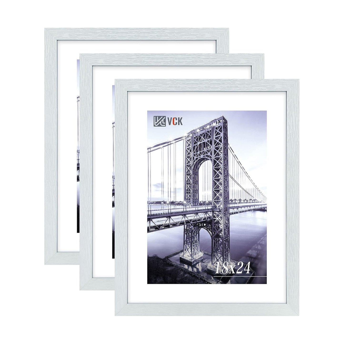 VCK 18x24 Poster Frame Solid Wood White 3 Pack Picture Frames 18 x 24 Inches with Wall Mounting Hanging