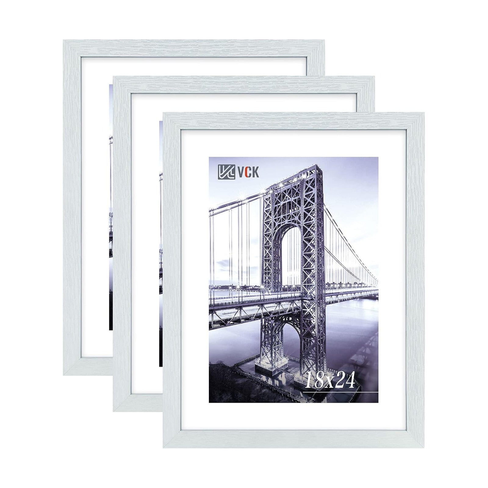 VCK 18x24 Poster Frame Solid Wood White 3 Pack Picture Frames 18 x 24 Inches with Wall Mounting Hanging