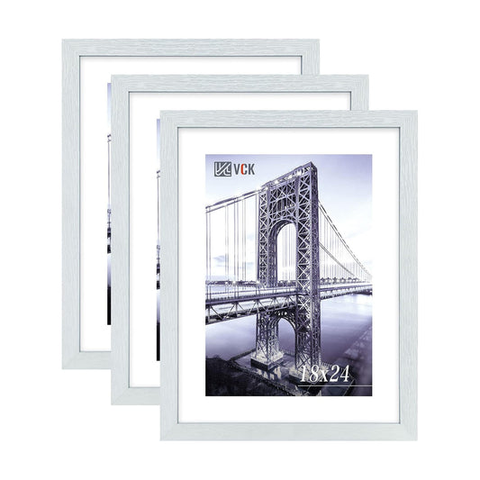 VCK 18x24 Poster Frame Solid Wood White 3 Pack Picture Frames 18 x 24 Inches with Wall Mounting Hanging