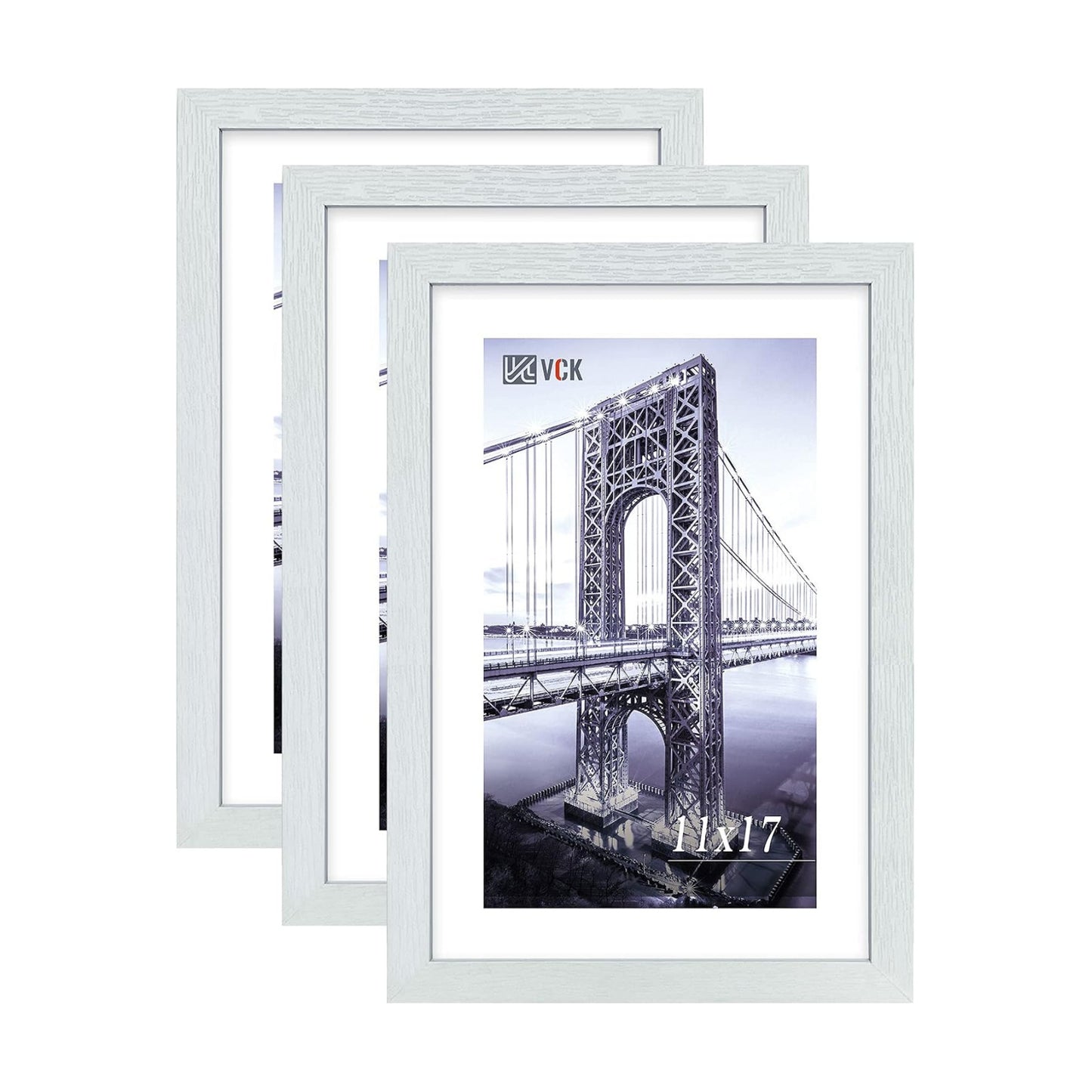 VCK 11x17 Picture Frame Set of 3, White Wood Frames, Gallery Wall Decor Photo Frames for Wall Mounting Horizontally or
