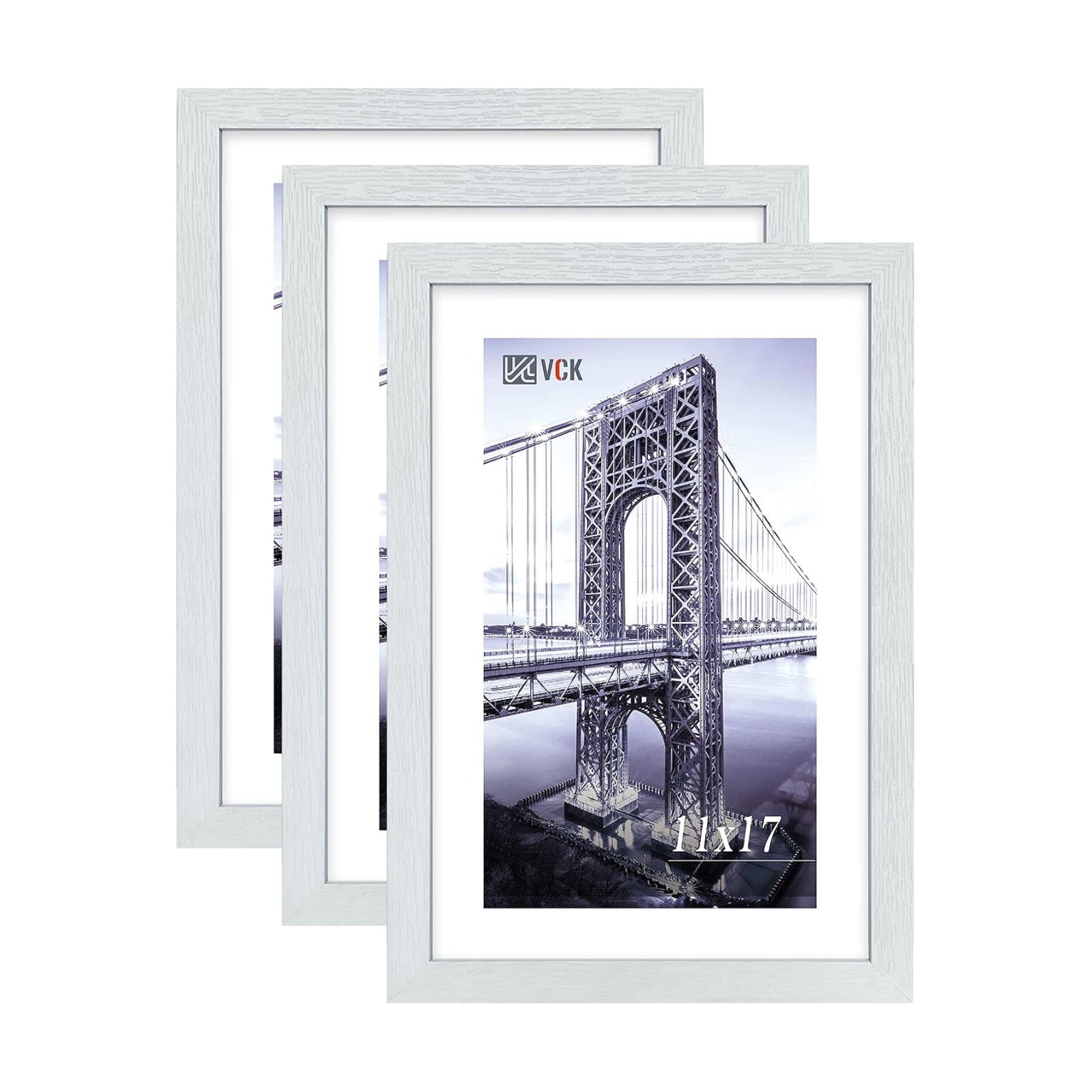 VCK 11x17 Picture Frame Set of 3, White Wood Frames, Gallery Wall Decor Photo Frames for Wall Mounting Horizontally or