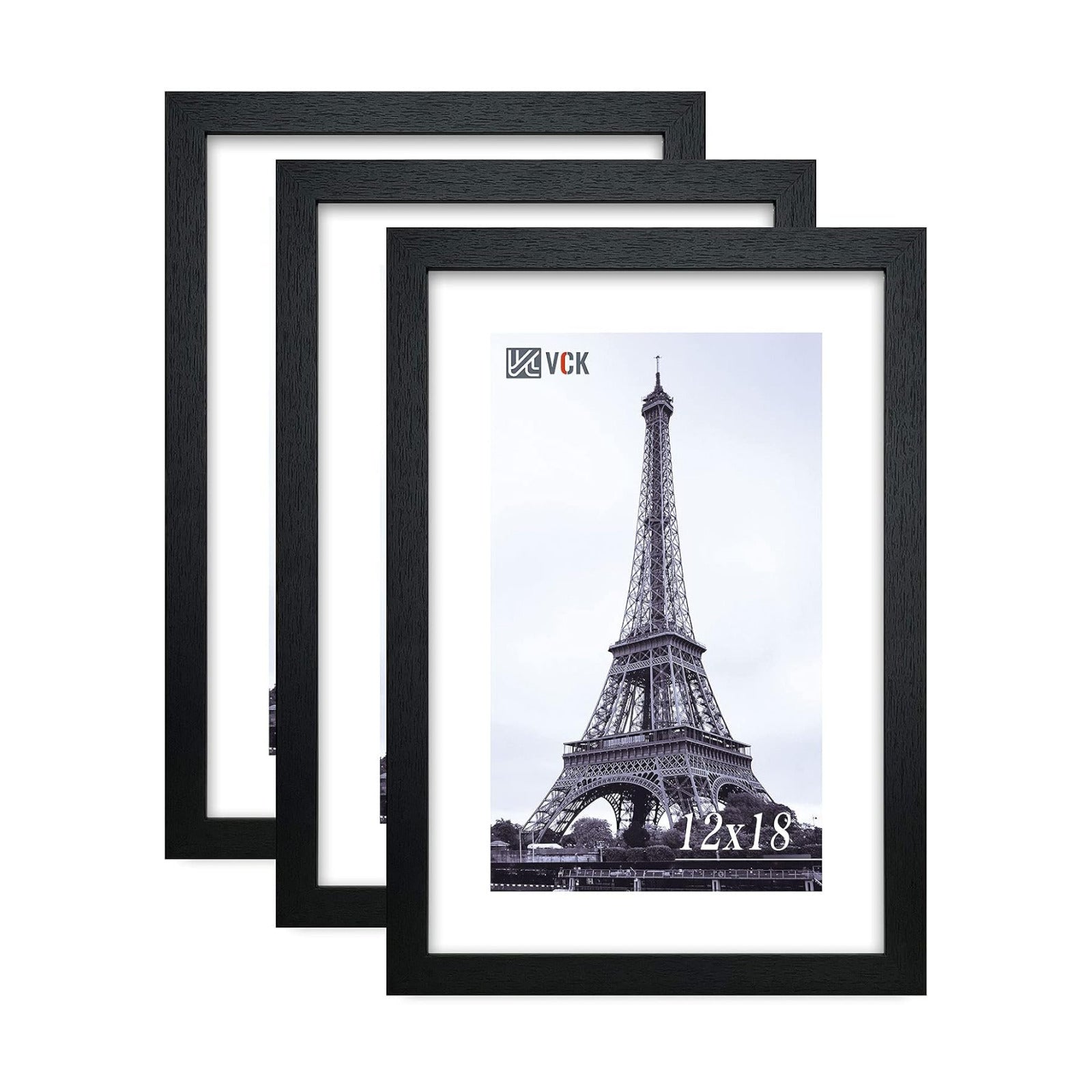 VCK 12x18 Frames 3 Pack, Black Poster Frame MDF Wood with Polished Plexiglass, Wall Mounting Horizontal & Vertical