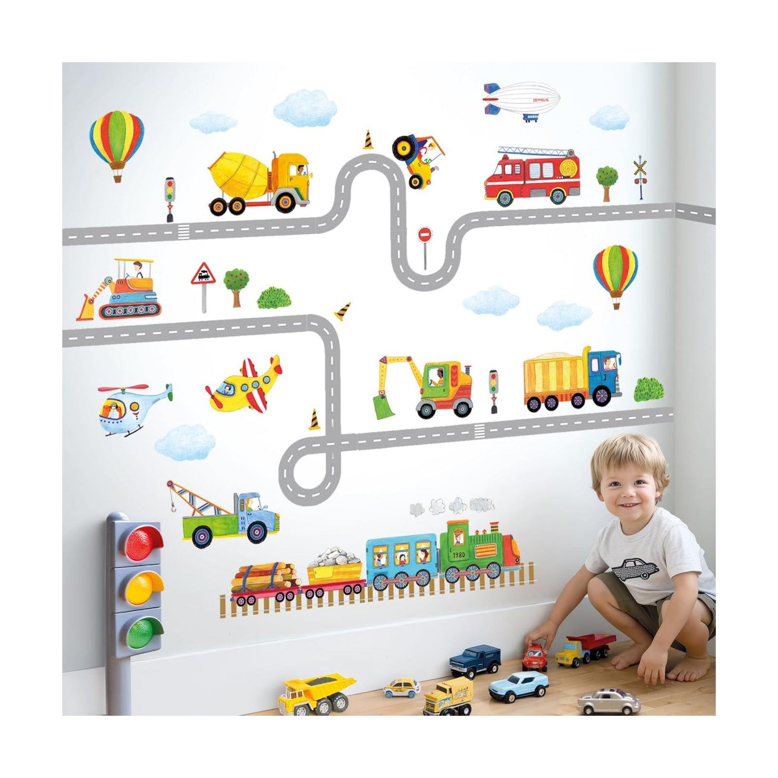 SG2-2107 Wall Decals Car Truck Tractor Road Stickers for Kids Boys / Construction Transportation