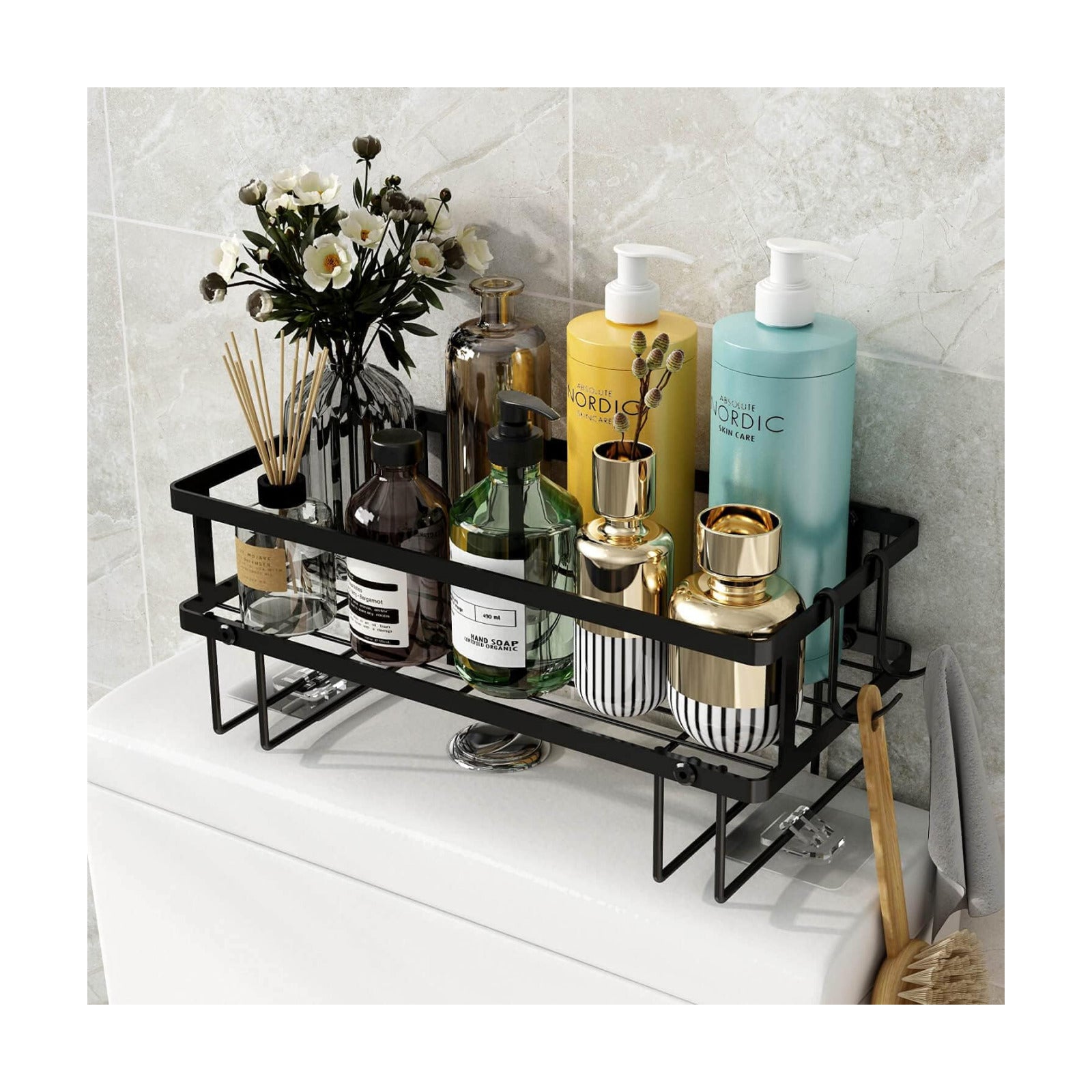 1-Tier Over Toilet Storage - Wall-Mount Bathroom Shelf with 2 Hook | Bathroom Organizers and Storage Cabinet