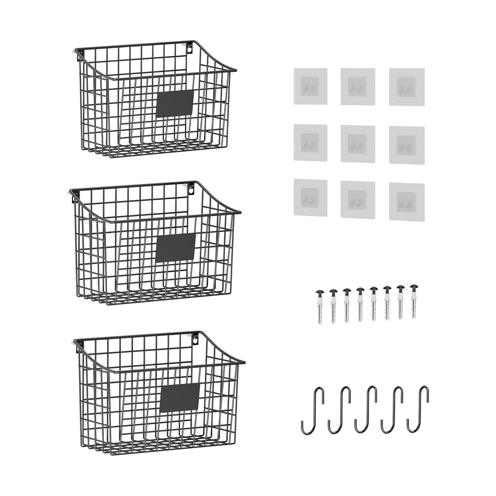 Wall Mounted Bin Basket with 5 Hooks 3 Label Plate Adhesive-3 Pack, Cabinet Hanging Metal Wire Basket,Rustic Farmhouse