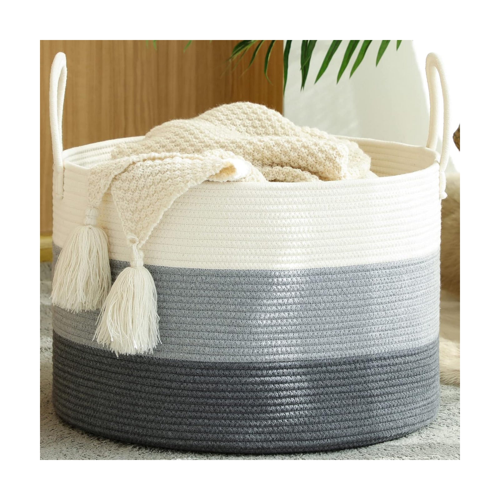 KAKAMAY Large Blanket Basket (20"x13"),Woven Baskets for storage Baby Laundry Hamper,Cotton Rope Blanket Basket for
