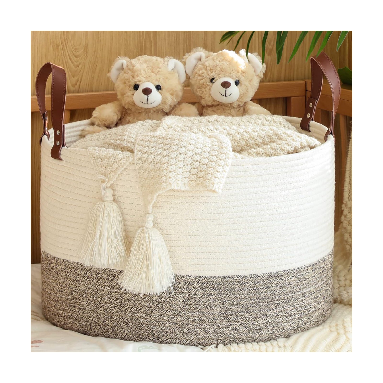 KAKAMAY Large Blanket Basket (20"x13"),Woven Baskets for storage Baby Laundry Hamper,Cotton Rope Blanket Basket for