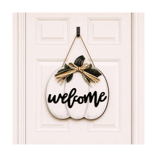 Jetec Fall Door Decor, Wooden Fall Pumpkin Welcome Sign Hanger, White