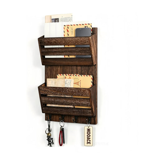 2-Slot Wood Mail and Key Holder / Rustic Brown