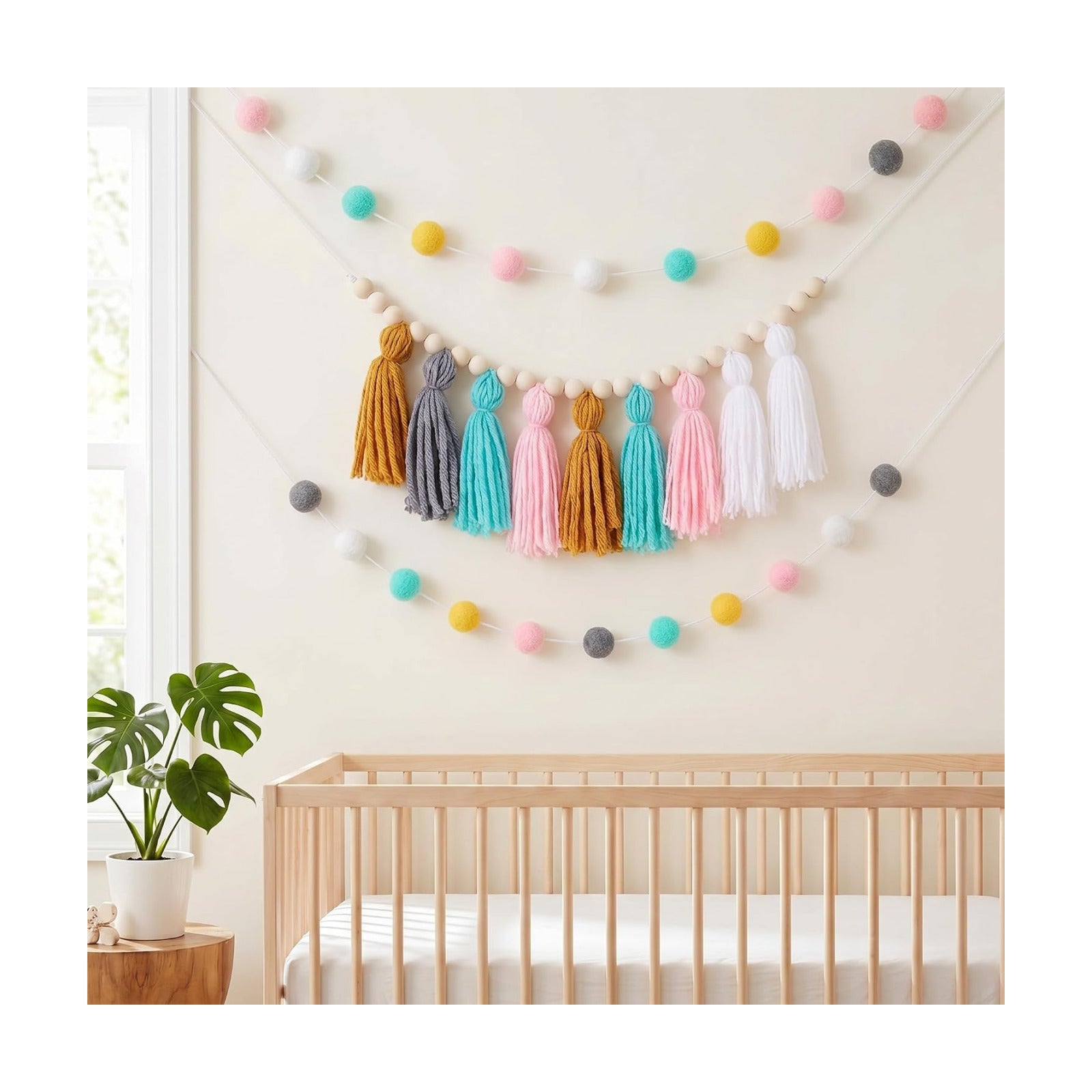 79" 2 Pom Pom Garland Wall Decor and 36" 1 Boho Tassel Garland / Simple Colors / Set of 3