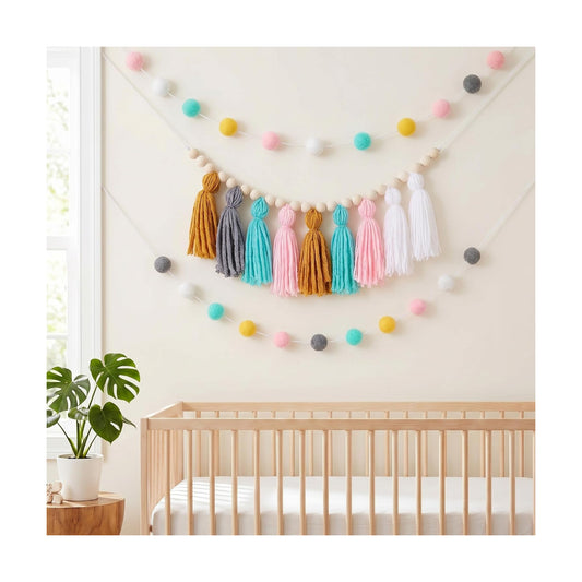 79" 2 Pom Pom Garland Wall Decor and 36" 1 Boho Tassel Garland / Simple Colors / Set of 3