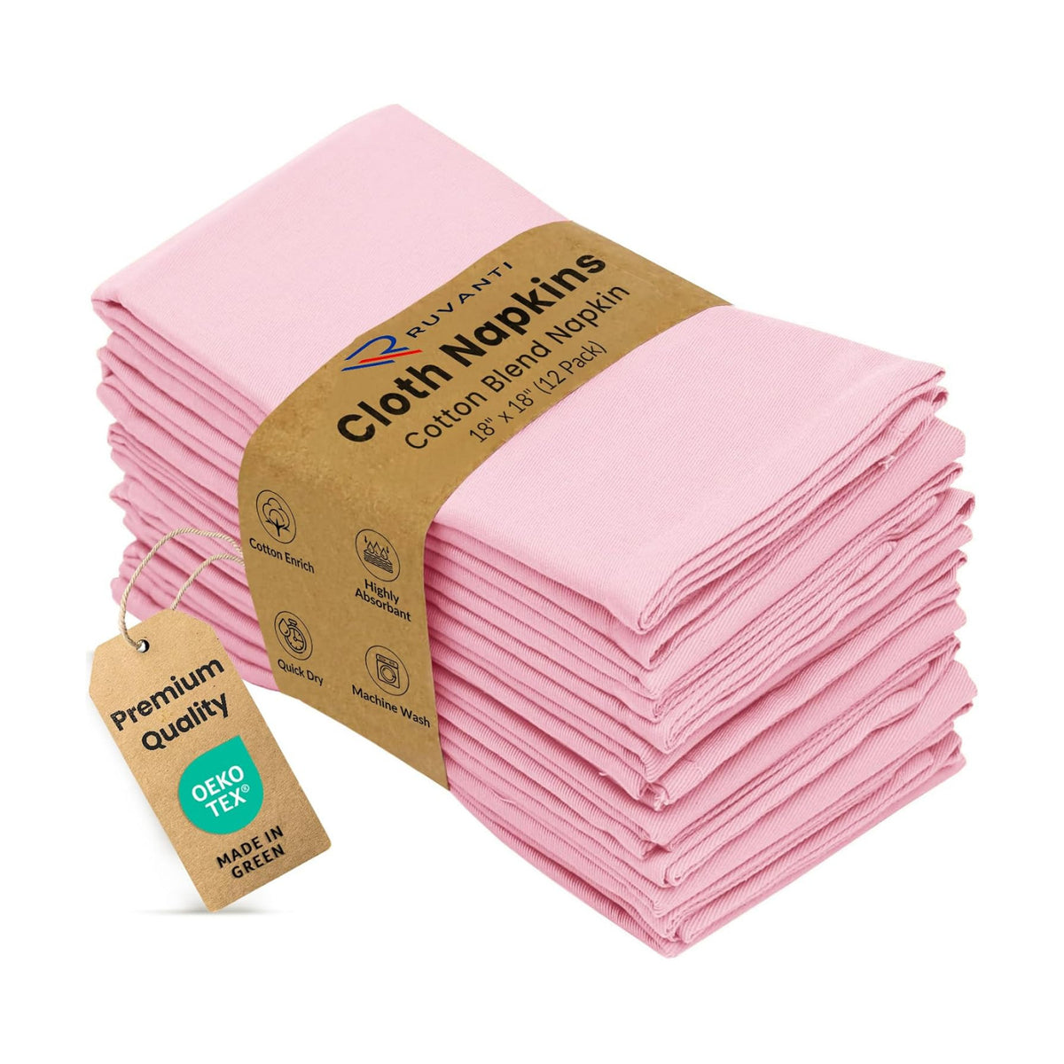 Ruvanti Cloth Napkins Set of 12, Cotton Enrich 18”x18” - Pink