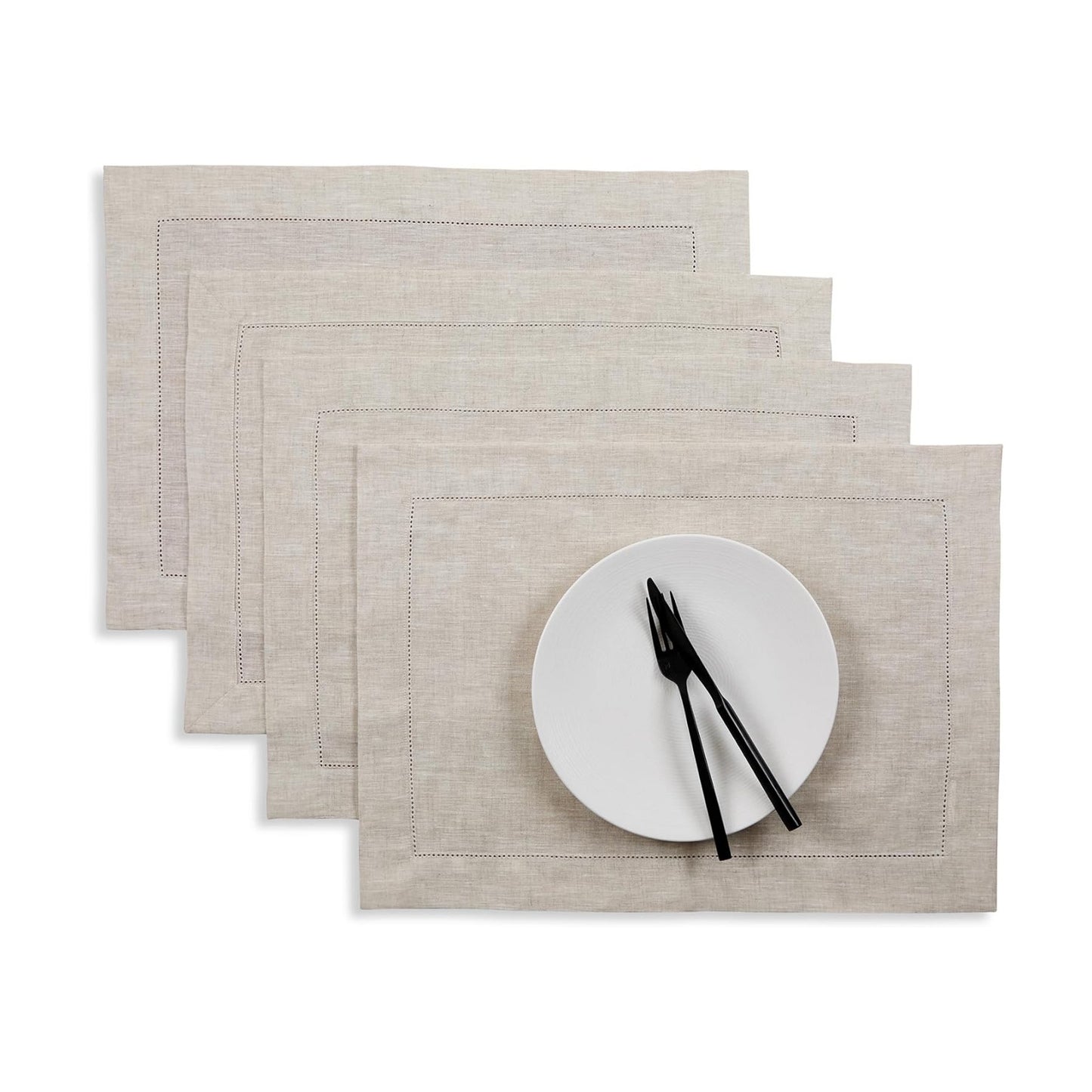 Solino Home 100% Pure Linen Placemats Light Natural, 14 x 19 in, Set of 4 | Classic Hemstitch Place Mats place settings