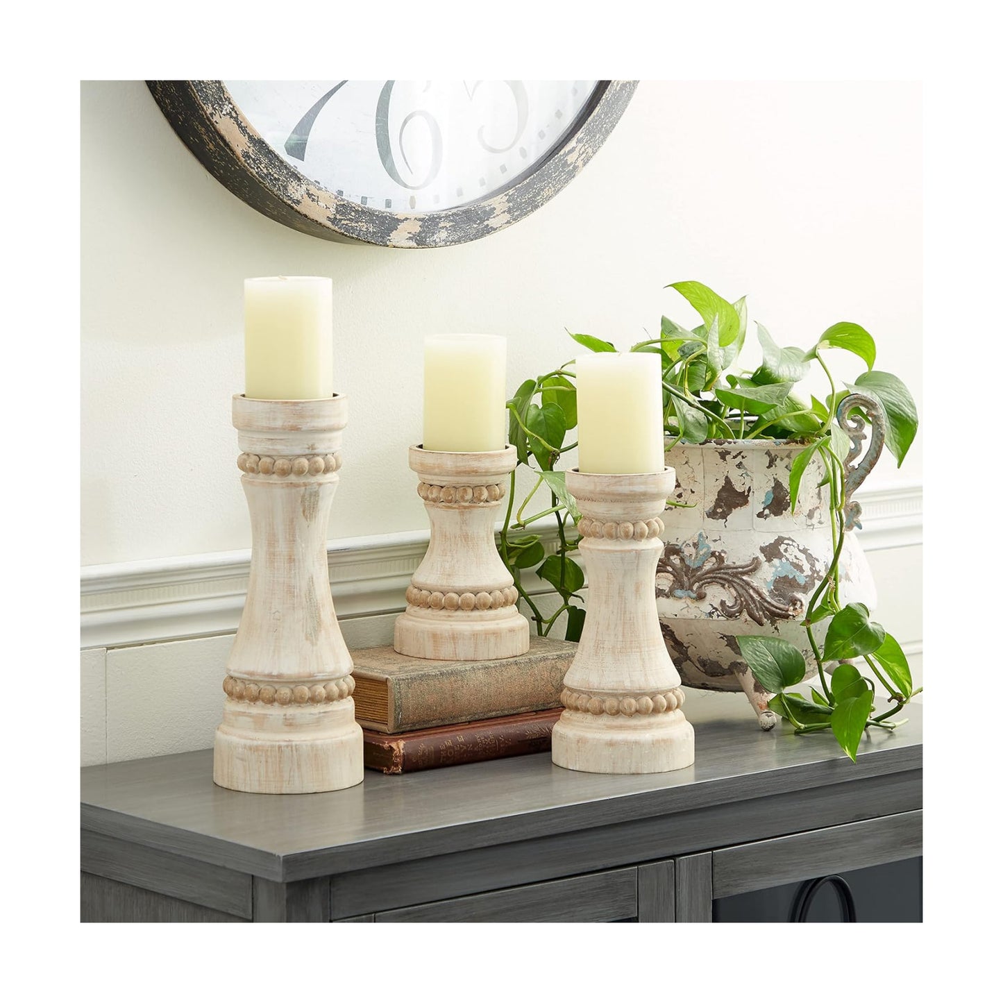 Deco 79 Wood Solid Candle Holder, Set of 3 12", 9", 7"H, Cream