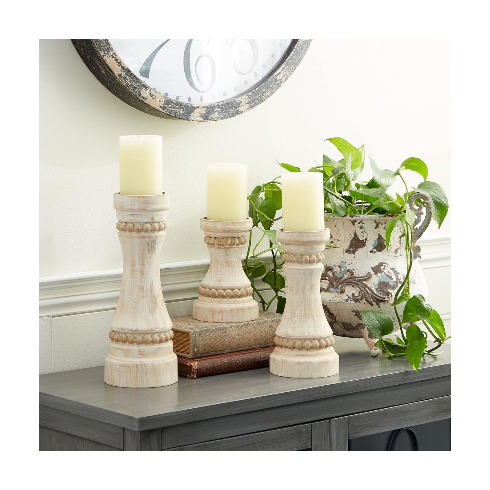 Deco 79 Wood Solid Candle Holder, Set of 3 12", 9", 7"H, Cream