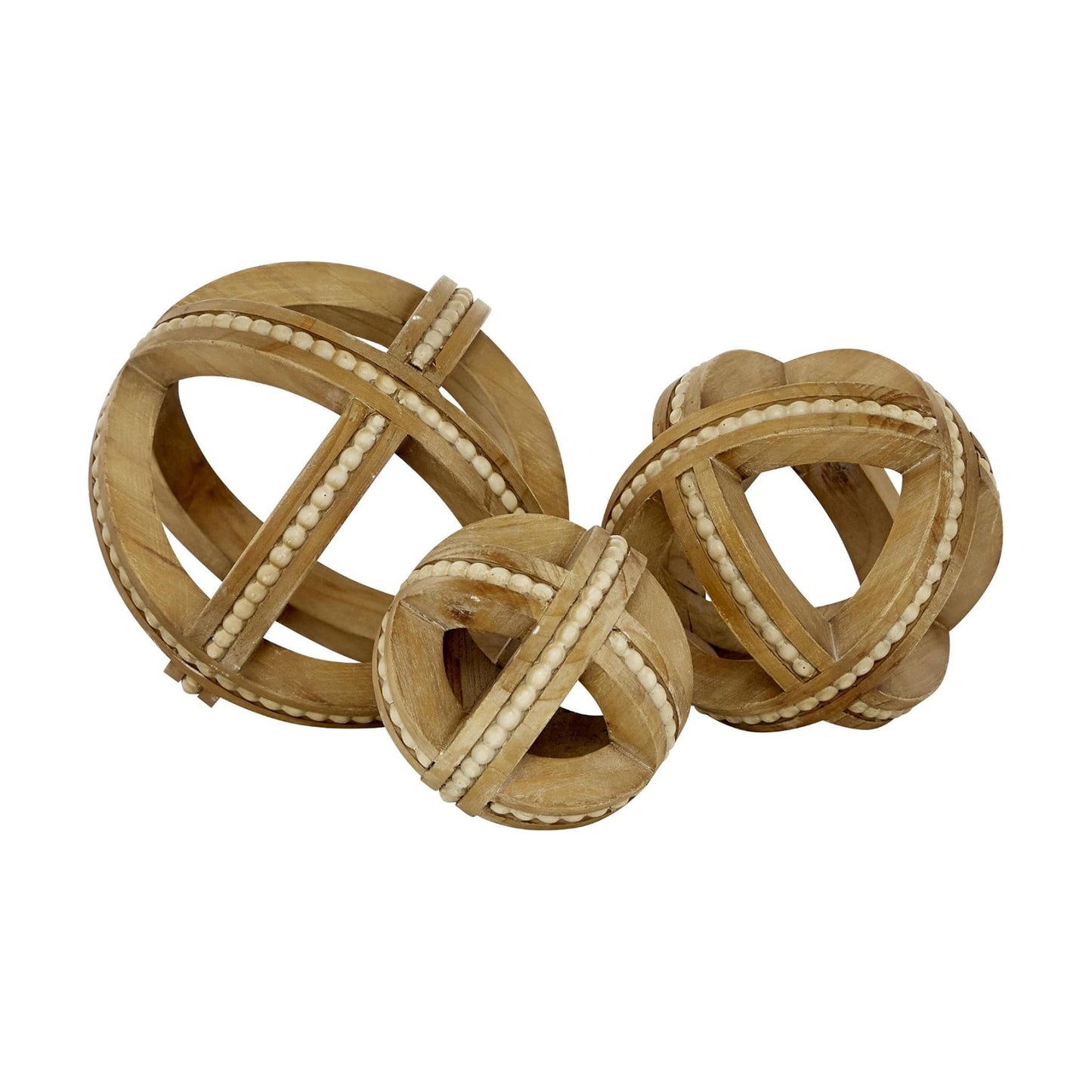 Wood Geometric Handmade Decorative Sculpture Beaded / Light Brown / 7", 6", 4"H / 4 Inch / Set of 3