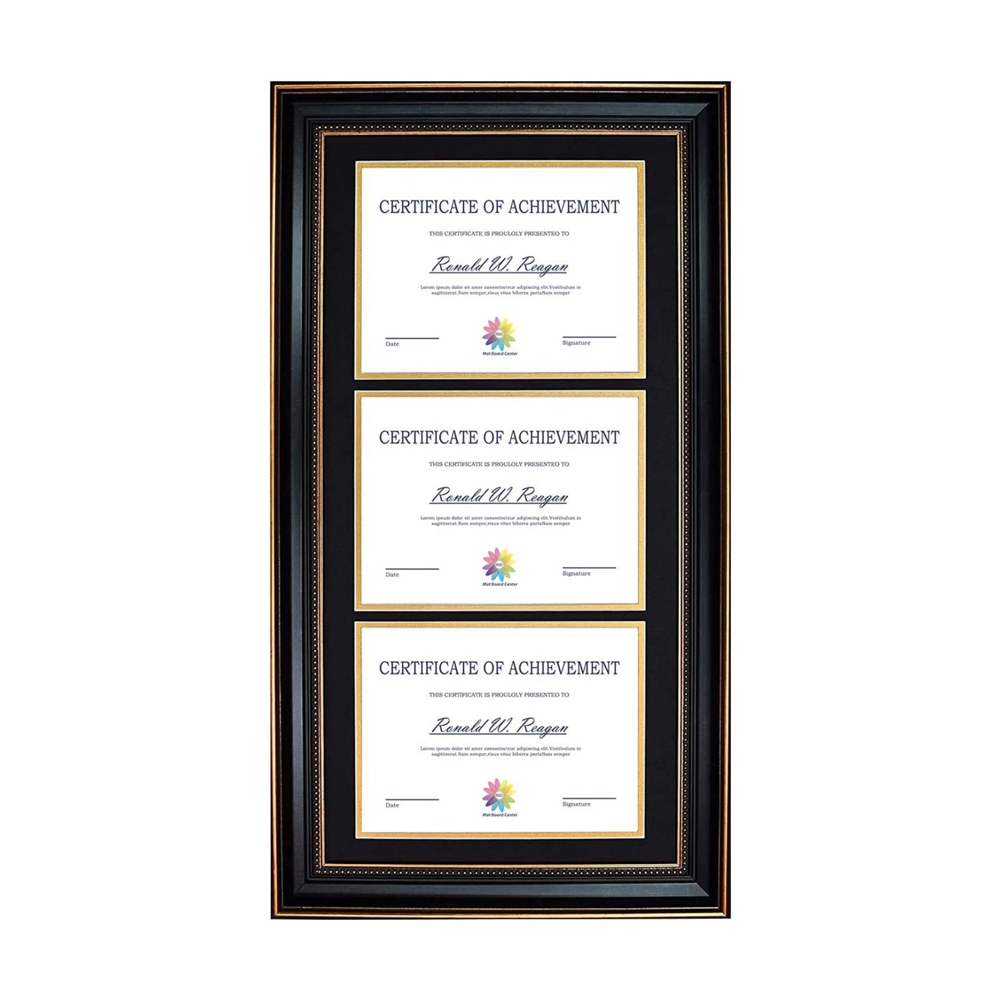 Mat Board Center 14x29 Triple Diploma Frame Holds Three 8.5x11 Certificates | Comes with Real Glass,Black Over Gold